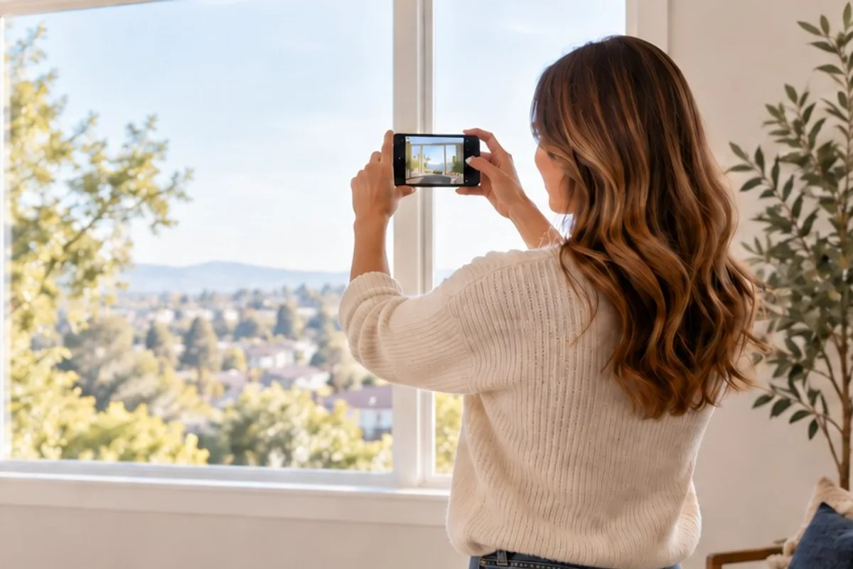A woman photographs her living-room window with a phone.